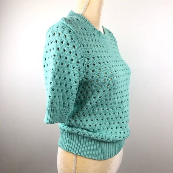 Women's Joe Fresh Perforated Knit Crew Neck Short Sleeve Sweater Sz L Turquoise - Picture 5 of 11